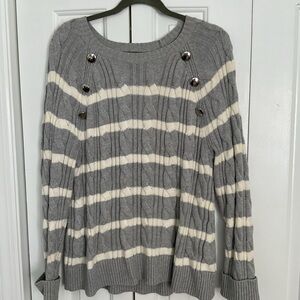Gray and Cream Striped Cable-Knit Crewneck Sweater with Button Detail